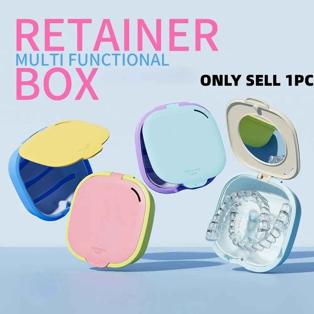 Retainer Case with Built‑in Mirror, Portable Orthodontic Retainer Holder, Flip‑Top Denture Storage Box, Invisible Aligner Container, Travel Dust‑Proof Dental Appliance Organizer