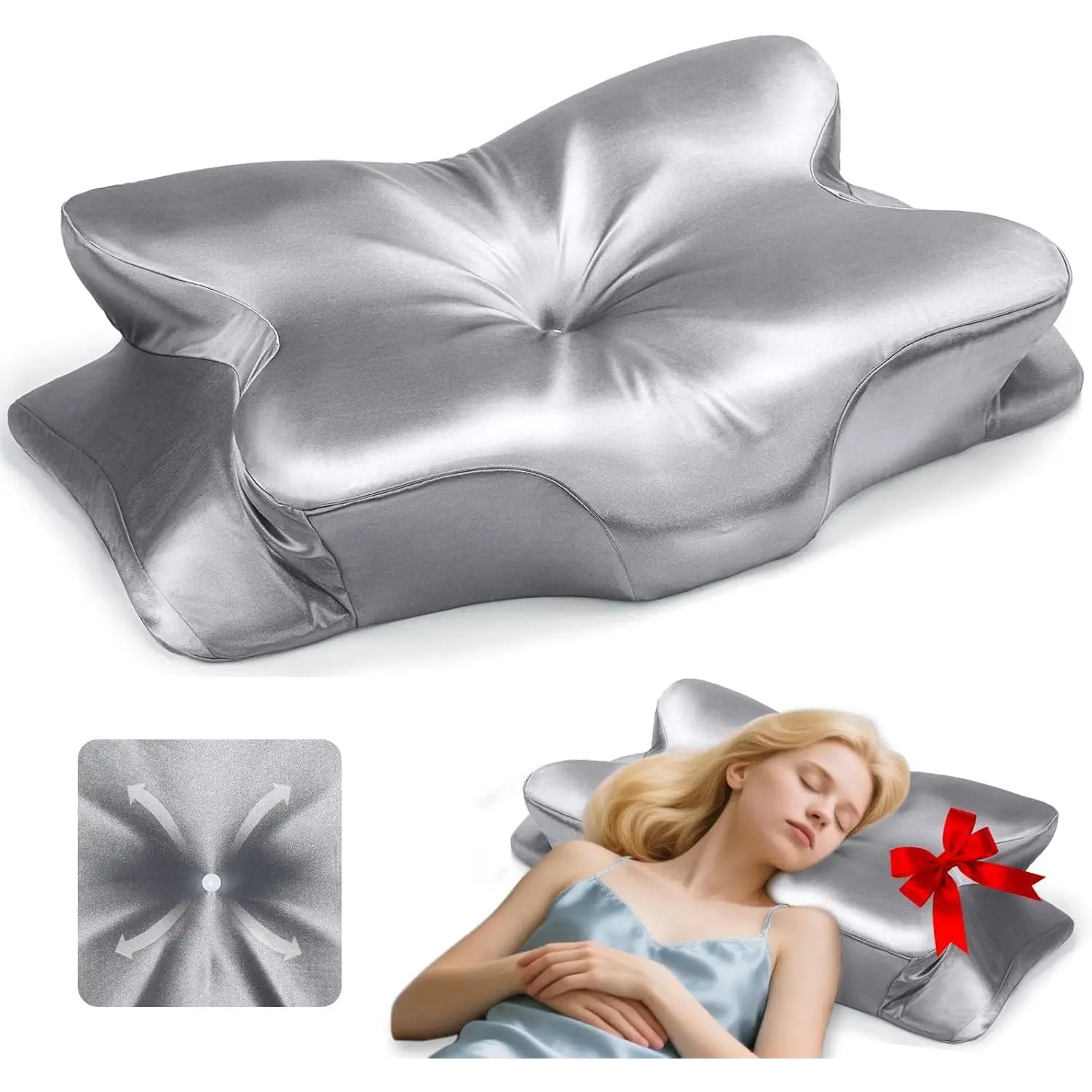 Cervical Neck Support Pillow for Sleeping & Pain Relief – Ergonomic Contour Memory Foam Pillows for Side/Back/Stomach Sleepers, 2 Heights with Removable Silk Satin Cover - Gifts for Men & Women