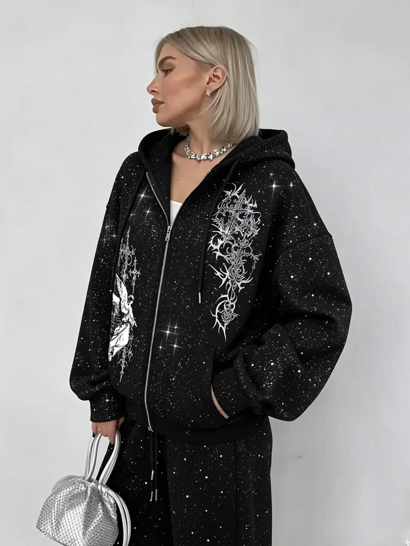 Women's Starry Angel Print Zipper Aesthetic Hoodie Coat, Gothic Style Angel Glitter Loose Fit, Fall Winter Casual Long Sleeve Top