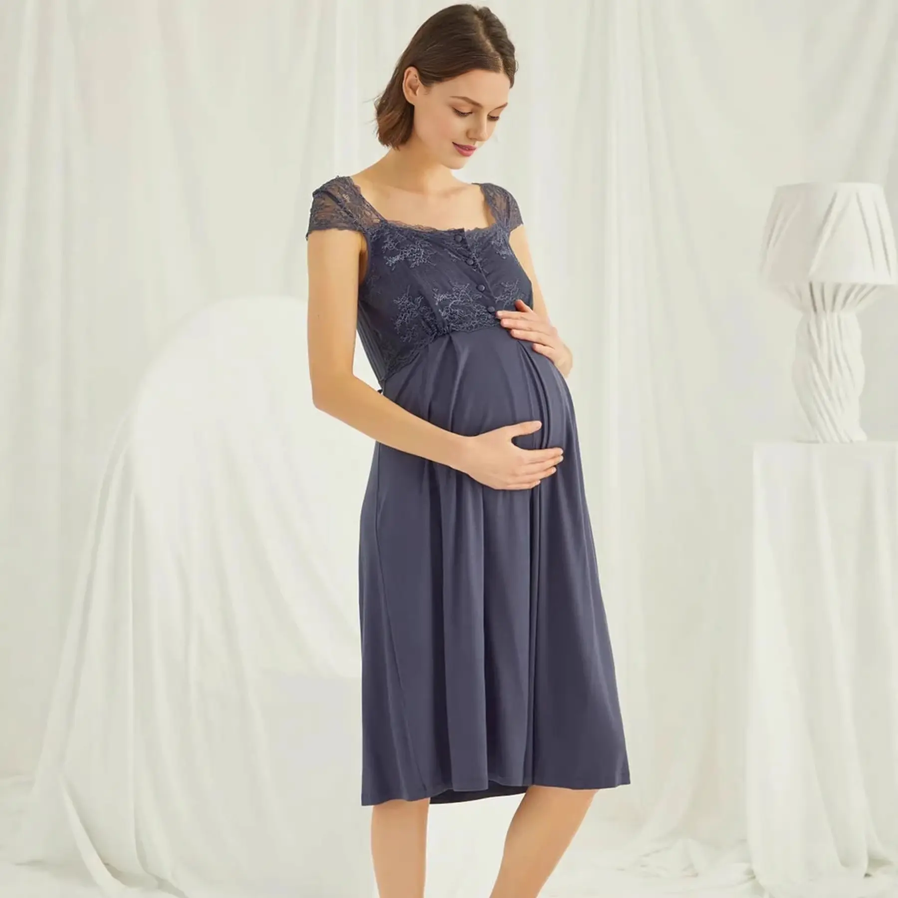 [In stock 6108] European and American cross-border maternity nightgown, postpartum dress, maternity wear, postpartum and nursing long dress pajamas.