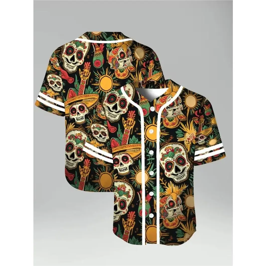 Men's Unisex Loose-Fit Breathable Lightweight Short-Sleeve Baseball Jersey - Black, Sugar Skull, Sun, Guitar Print - Casual Streetwear for Hip Hop Parties, Festivals (Gentle Wash Recommended)