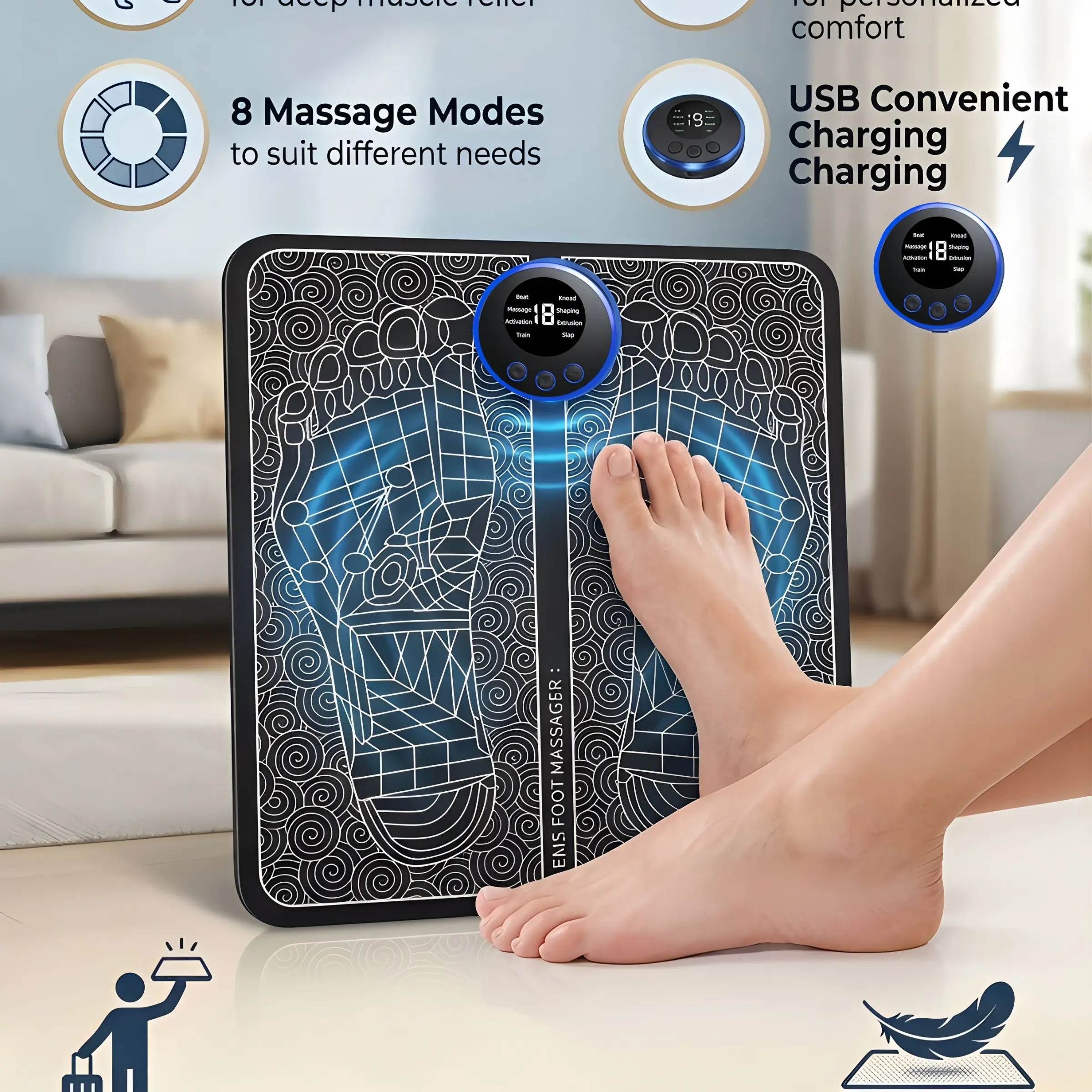 EMS Foot Massager Rechargeable Massage Pad, Electric Foot Relaxer, Promotes Circulation, Portable Foot Care Tool, Ideal for Home Use