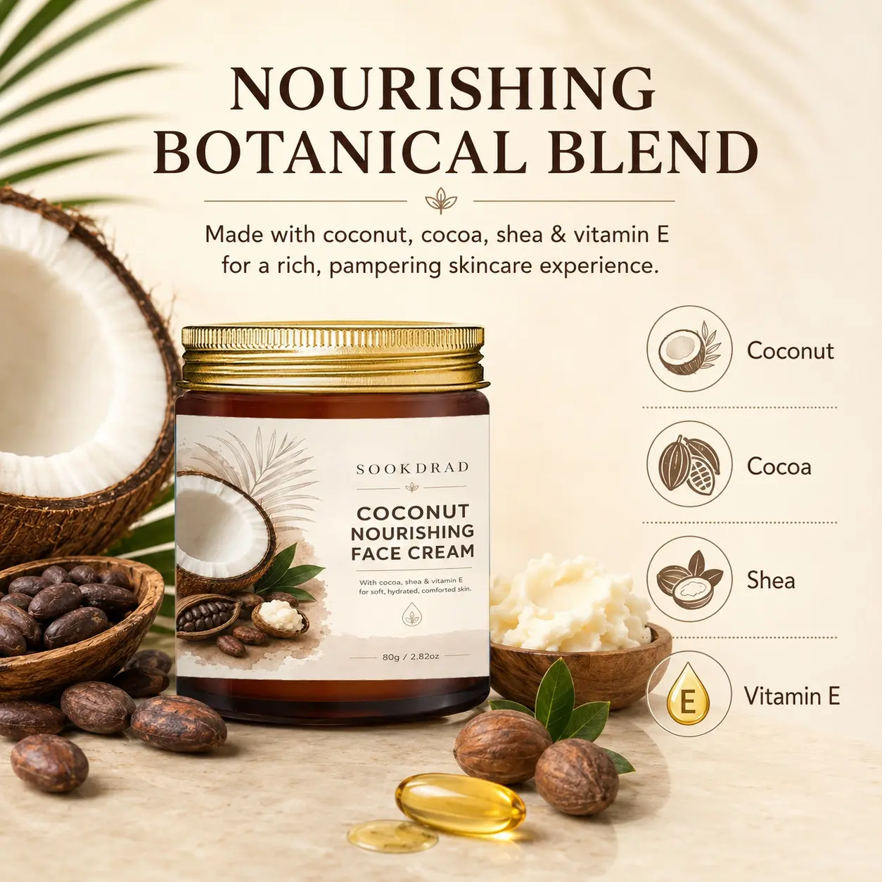 coconut nourishing face cream, with cocoa, shea, vitamin E, soft, hydrated, comforted skin, for face, 80g/2.82oz