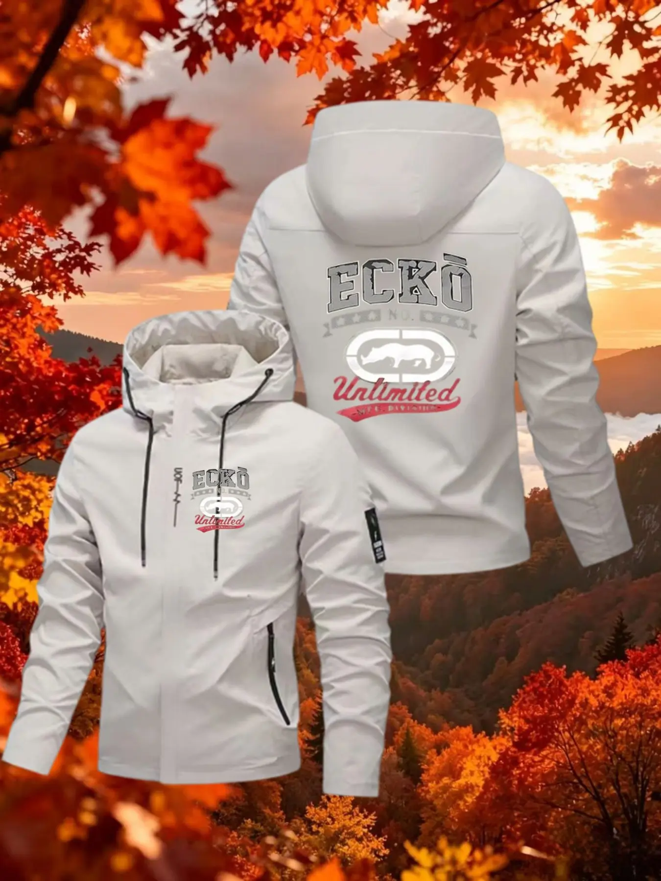 Men's Ecko Rhino Logo Hooded Jacket, Casual Slim-Fit Flying Jacket, Random Print, All-Season Outdoor Sport Coat, Trendy Fall New Arrival