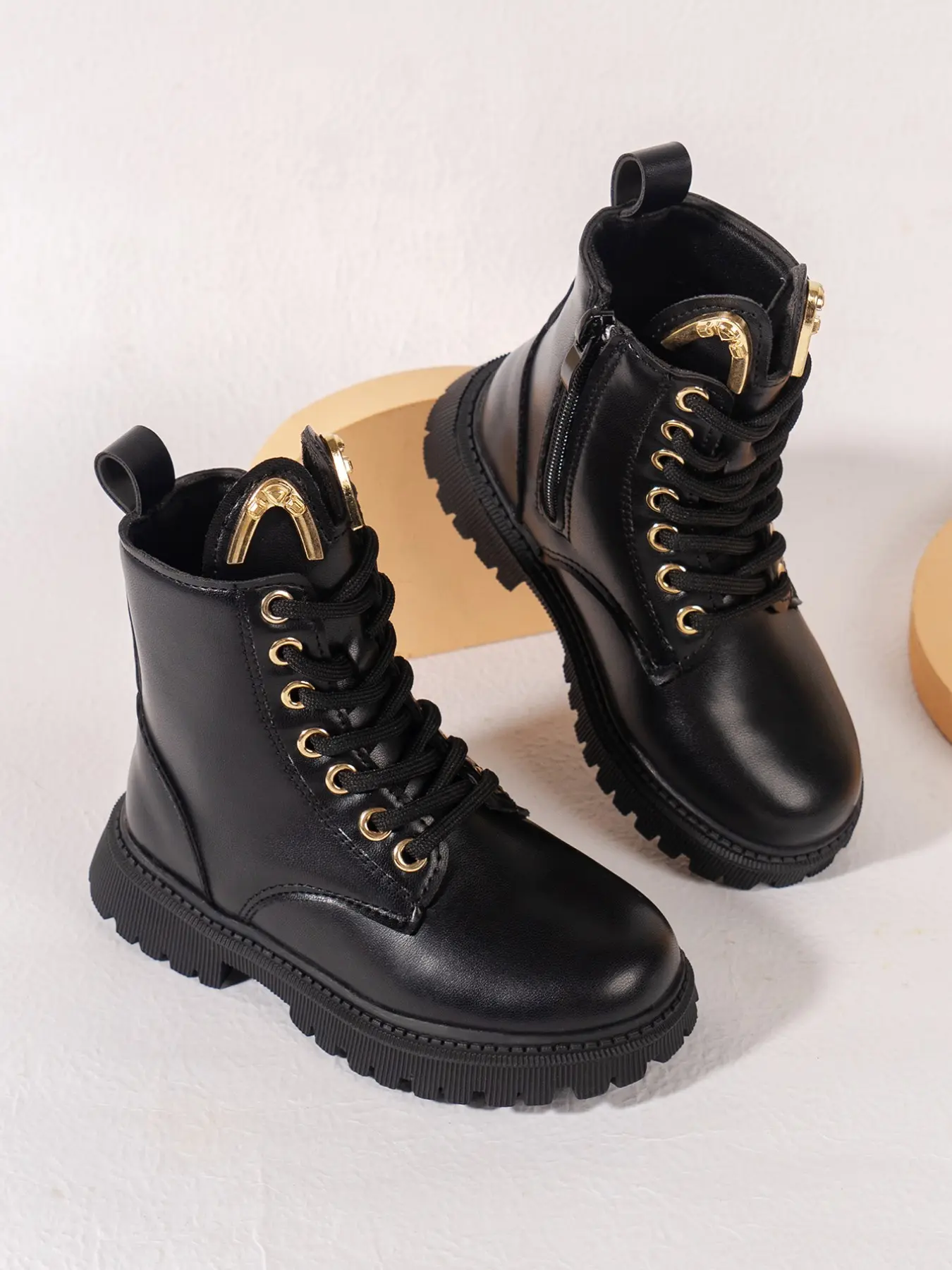 Girls' Casual Fashion Mid Heel Boots, Lace-Up & Side Zip Closure, Durable PU Leather, Round Toe, Tpr Sole, Fall/winter Outdoor Wear, Side Zipper Boot