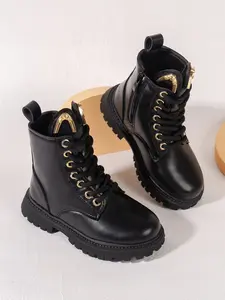 Girls' Casual Fashion Mid Heel Boots, Lace-Up & Side Zip Closure, Durable PU Leather, Round Toe, Tpr Sole, Fall/winter Outdoor Wear