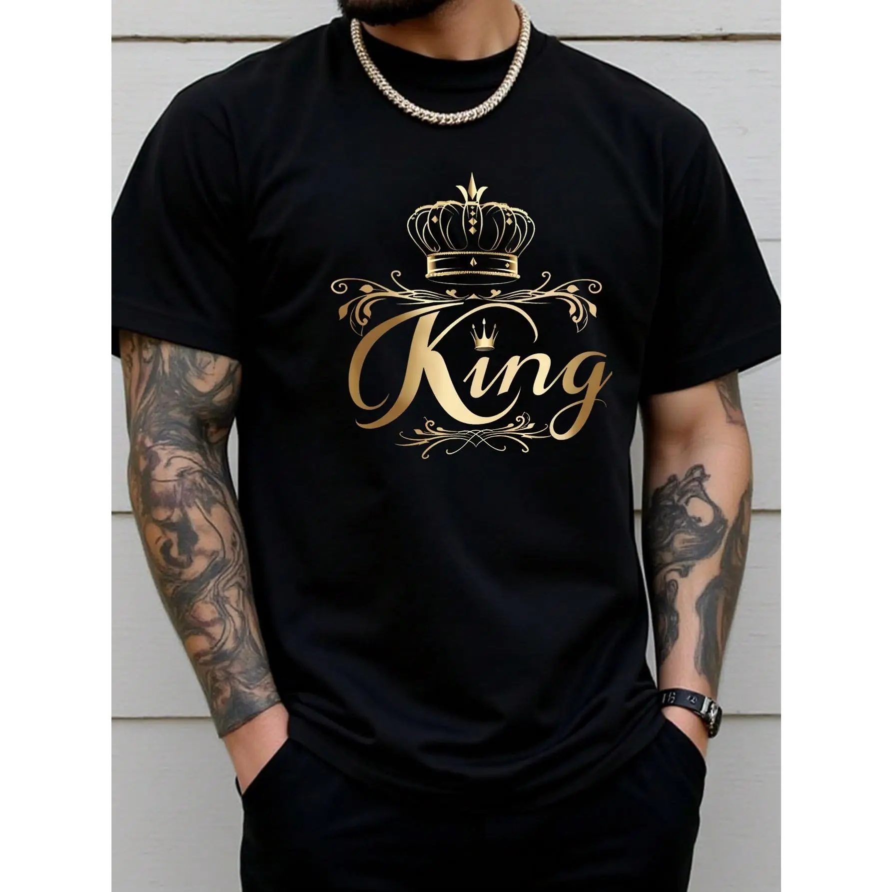 Plus Size Men's Black And Gold KING Crown Print T-Shirt,Summer Casual Streetwear For City Break,Short Sleeve Royal Elegant Top,Gift For Husband menswear