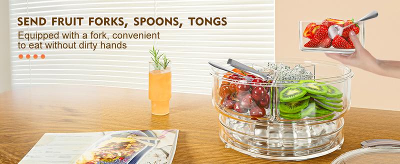 Condiment Tray【with 360° rotating turntable】 with Stainless Steel 5 Spoons, 5 Forks and 1 Clip, Condiment Server, Bar Garnish Holder on ice, Compartment Tray with Lid