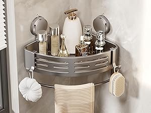 Corner Shower Caddy Suction Cup Shower Shelf Corner No Drilling Bathroom Shower Organizer Storage Rack Adhesive with Towel Bar Hooks (,Matte Gray) : Home & Kitchen