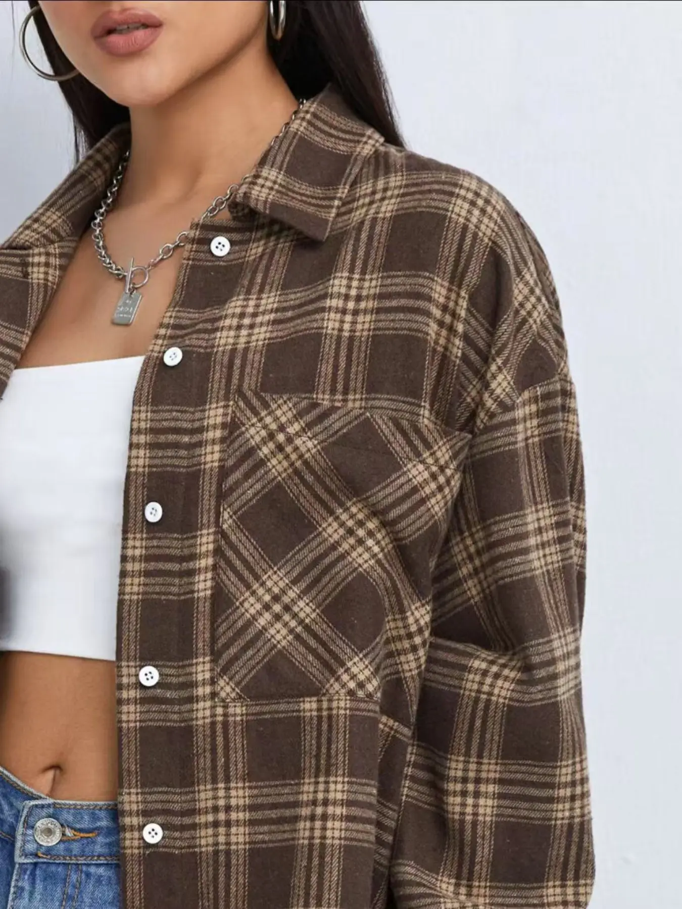 Women's Loose-Fit Plaid Lapel Jacket, Long Sleeve Vintage Style, Four Seasons Casual Outerwear, Oversized Blouse with Pockets