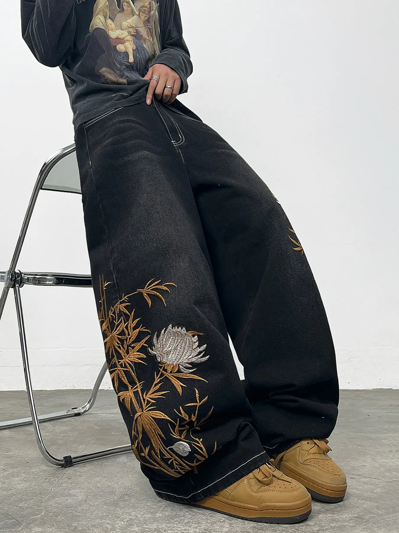 Men's Denim Jeans, Heavy-Duty Bamboo Floral Embroidery Straight Leg Wide-Leg Jeans, Y2K Street Fashion Loose Long Pants, All Seasons