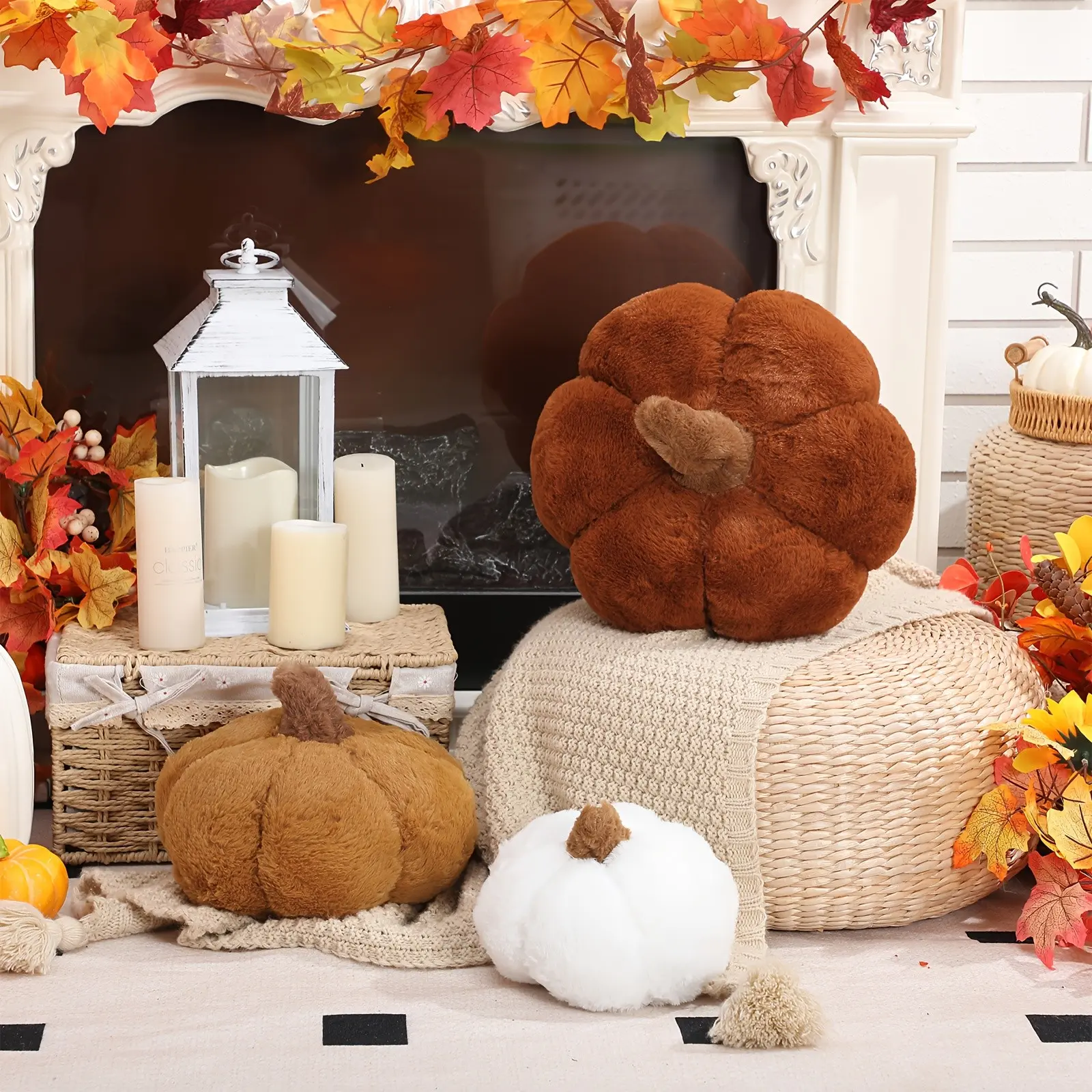 3pcs 3D Pumpkin Shaped Plush Pillows - Rustic Farmhouse Cushions Suitable for Halloween Thanksgiving Decor, Maillard Color Fall Sofa Bed Couch Decorations, Hand Washable Pumpkins for Autumn Home Gift