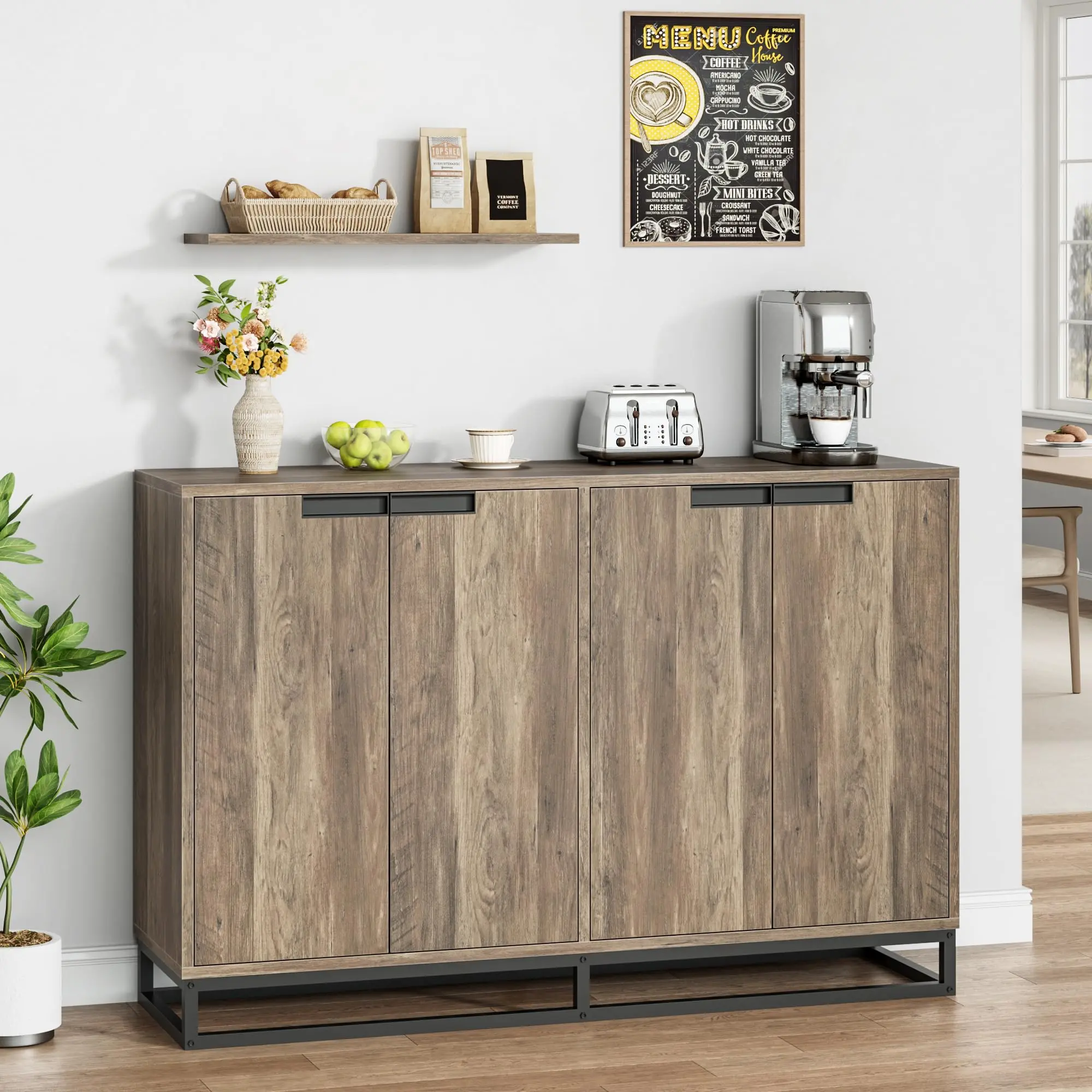 55 in Buffet Storage Cabinet, Accent Sideboard Modern Credenza with 4 Doors and Shelves, Accent Coffee Bar Table for Kitchen Dining Room, Living Room (Brown)