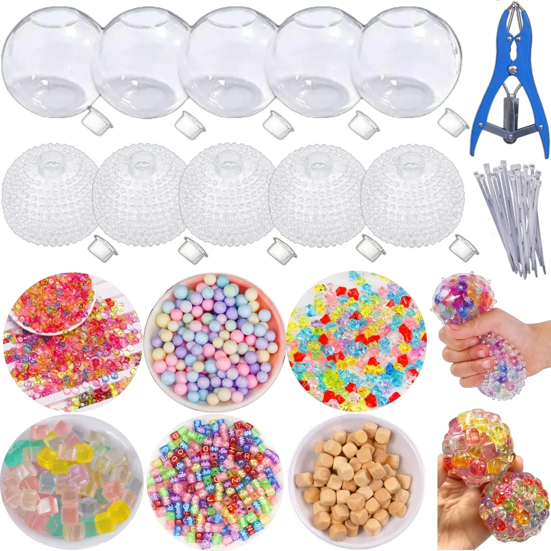 DIY stress ball making kit, with 6 packs of colored fillers, 5 transparent spherical skins, 5 prickly spherical skins, including expansion tools, can knead pressure ball making kit, suitable for adult decompression pressure soft balls, beginner making kit