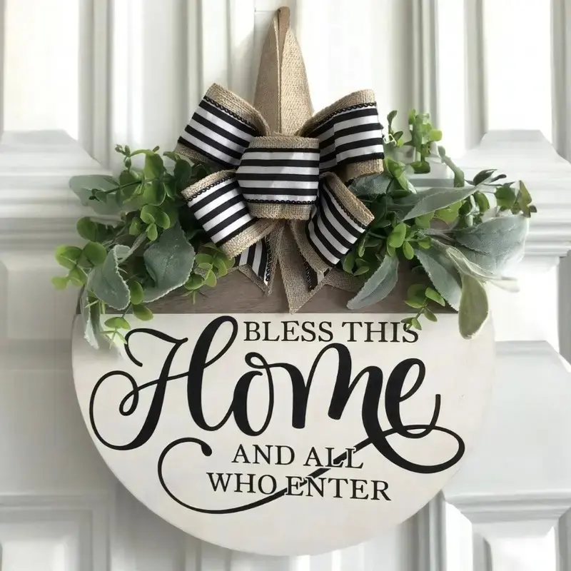 Rustic Farmhouse Welcome Sign, Wood Home Sign, Round Wood Wreath Wall Hanging, Outdoor Decor for Front Door, Porch Fence, Seasonal Holiday Gift