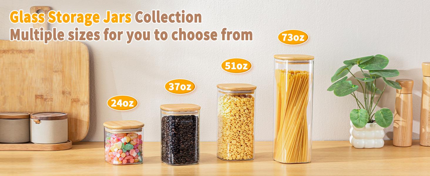 37 Oz Glass Storage Jars with Bamboo Lids - 6 Pack Clear Glass Canisters Square Airtight Stackable Ideal for Pantry Storage Containers Organizers Great for Storing Oats Coffee Beans Nuts etc