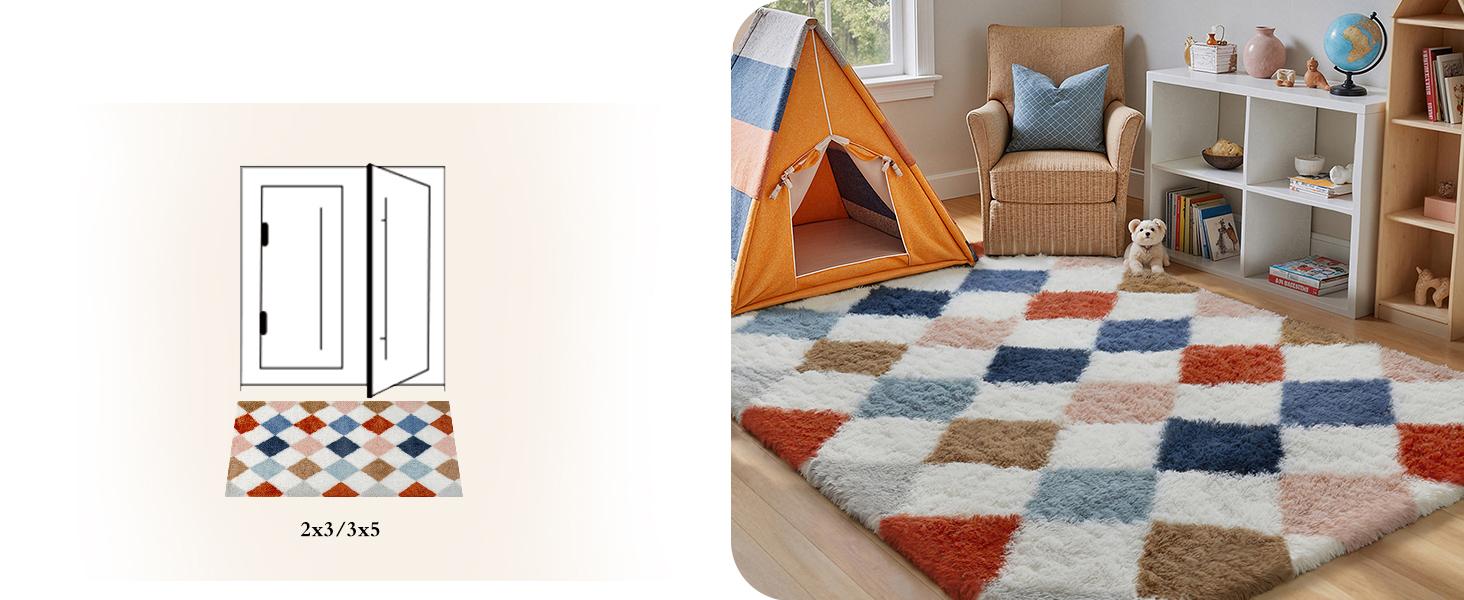 8x10 Checkered Rug for Living Room Soft Shag Area Rug Bedroom Plush High Pile Non Slip Fuzzy Carpet for Home