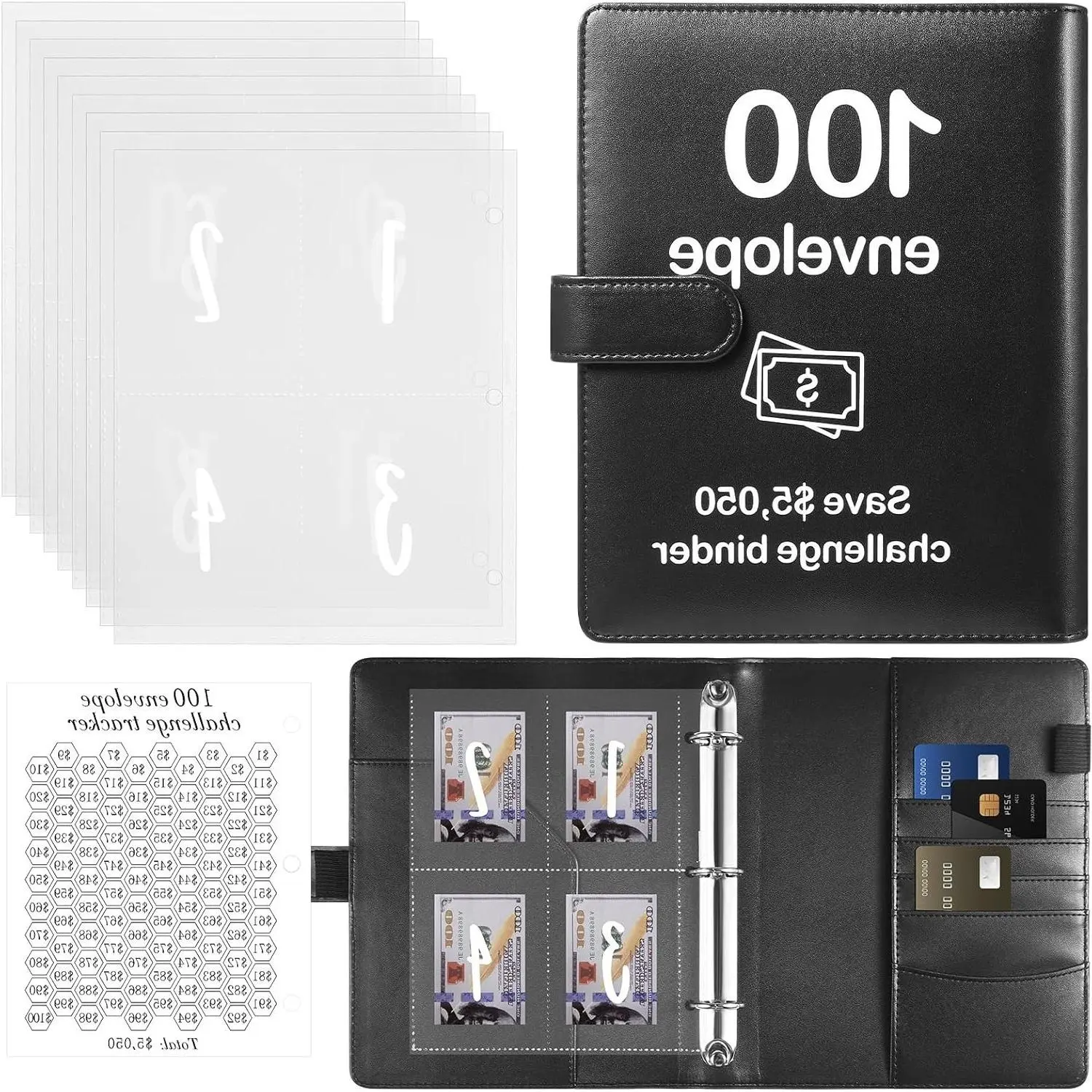 100 Envelope Money Saving Challenge Binder with Laminated Tracker and Cash Envelopes – Easy, Fun Way to Save $5,050 (Black)Gift