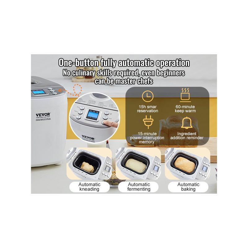 VEVOR Bread Maker, 15-in-1 3LB Dough Machine, Nonstick Ceramic Pan Automatic Breadmaker with Gluten Free Setting, Whole Wheat Bread Making, Digital, Programmable, 3 Loaf Sizes, 3 Crust Colors, White