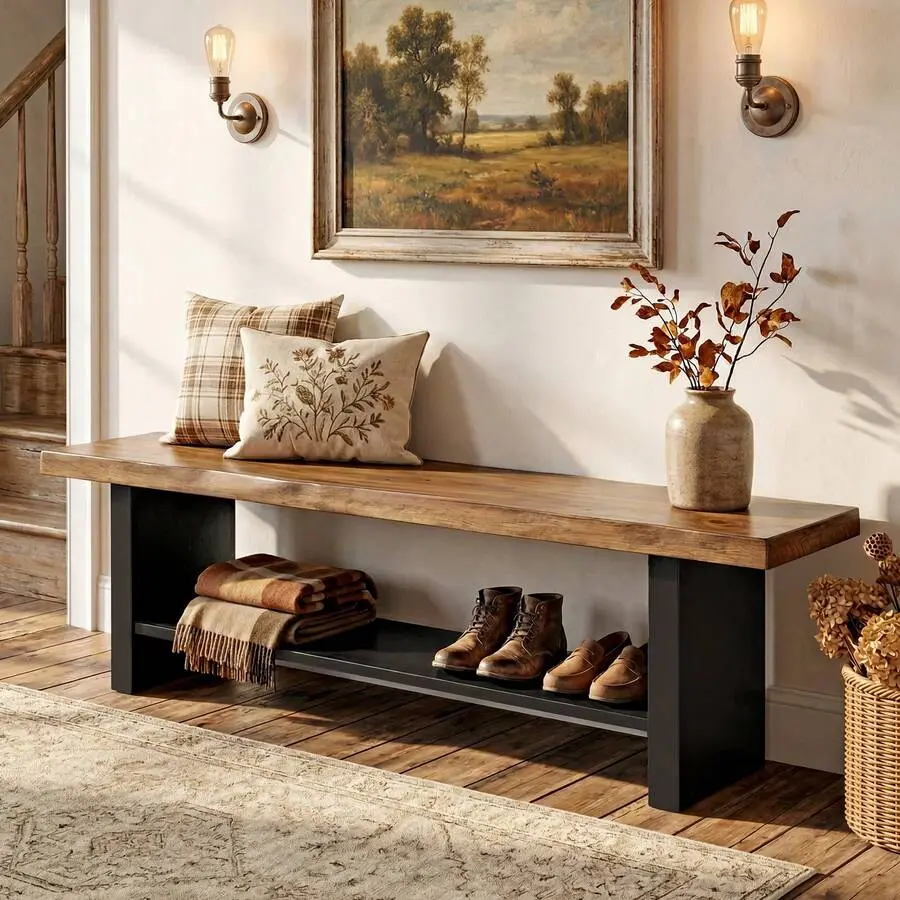 55" Solid Wood Bench With Shoe Storage, 2-Tier Farmhouse Entryway Bench, Narrow Rustic Brown Bench For Bedroom, Hallway, Rustic Brown & Black,decor,