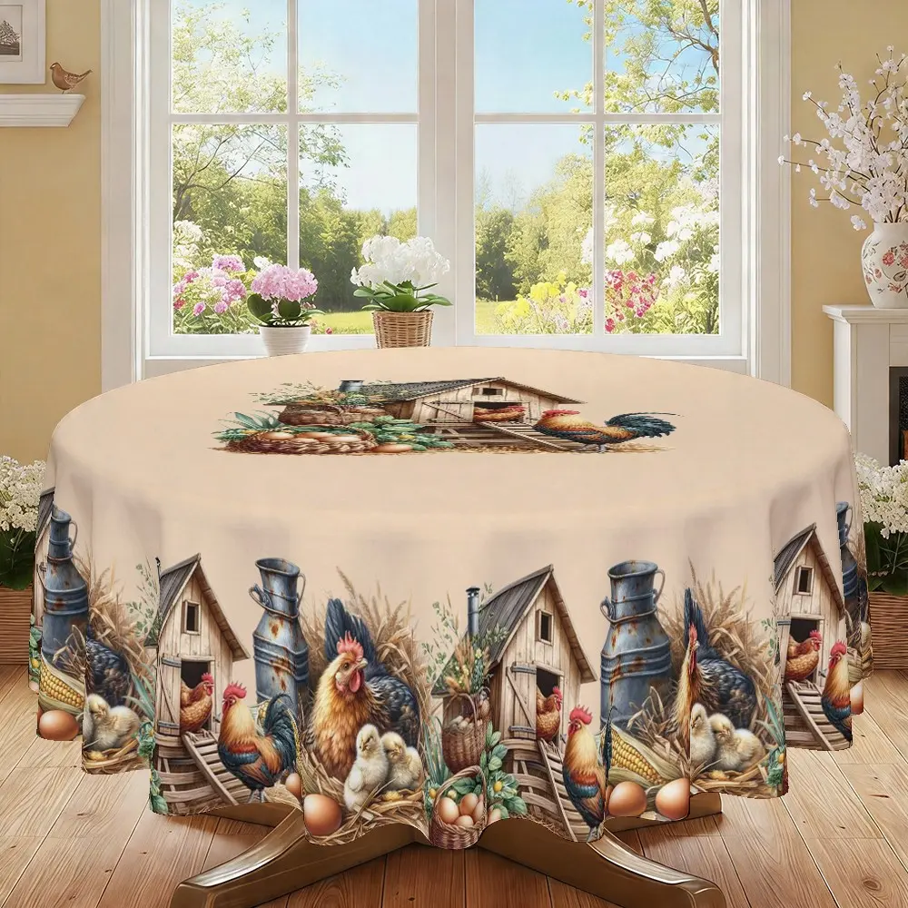 Vintage Farm Animal Print Round Tablecloth Table Cover, 120g/m² Polyester, Furniture Protector, Party Decor, Daily Use, Rustic Charm, Hotel Restaurant Kitchen Living Space Home Use