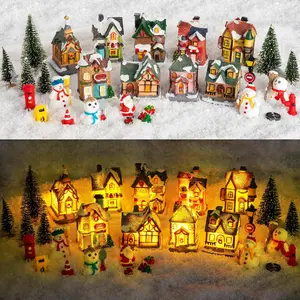 30 Pcs Christmas Village Sets Light Up Christmas Town LED Tiny Resin Village Figurines Collection Display Xmas Table Decor Ornaments