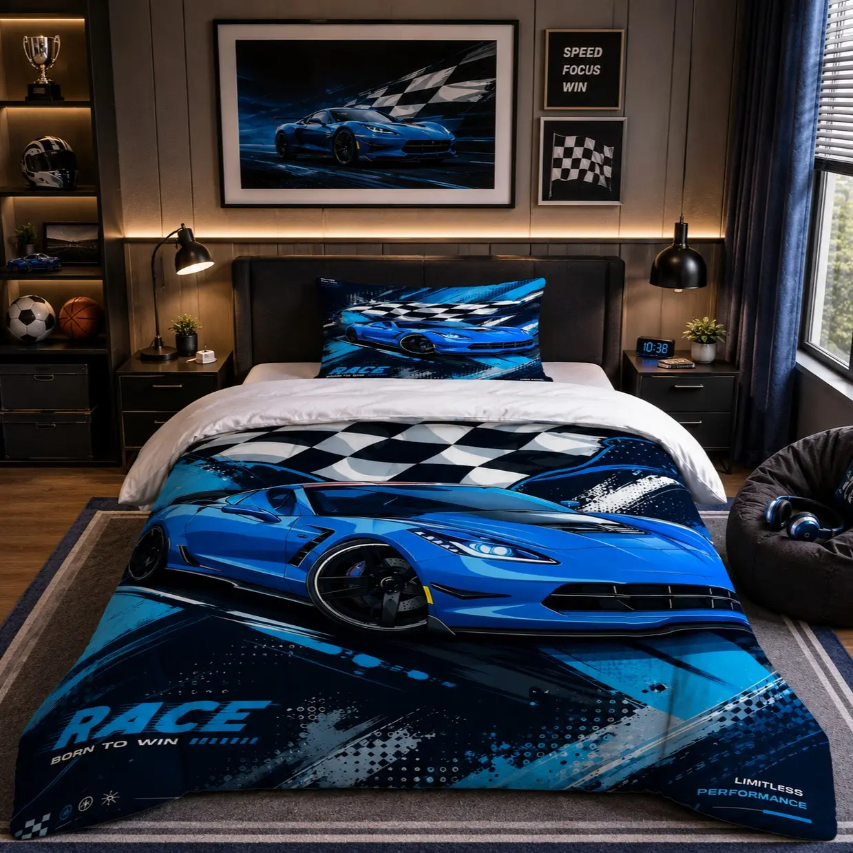 Trendy Street Graffiti Racing Bedding Set, 2/3 Pcs (1 Duvet Cover + 1/2 Pillowcases, No Inserts). Classic Black And White Checkered Finish Line Flag, Soft & Skin-Friendly. Suitable For Bedroom And Dorm, Ideal For Men, Boys And Racing Lovers