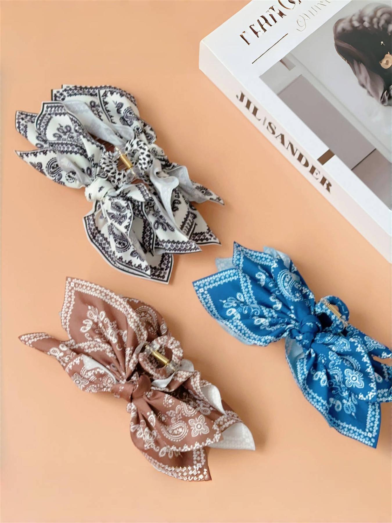 3pcs/1pc women's paisley pattern printed double-sided layered fabric bow hair clip, ponytail bun hair bohemian style hair accessory, suitable for daily, party, Boho hair accessories, Super Cute Clips