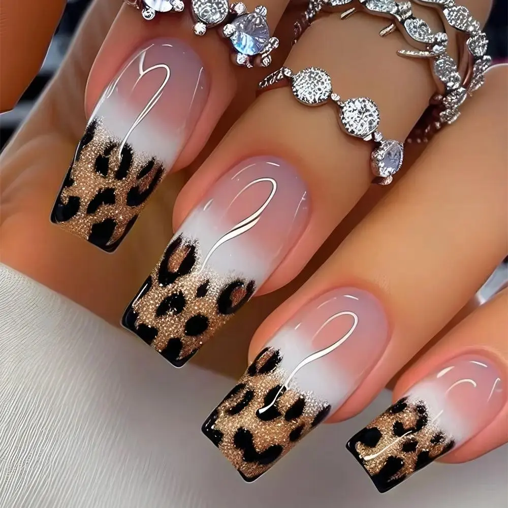 Cy1043-B7 Jade Leopard Print Jelly Glue Press-On Nail Sets, Shiny Glitter, Skin-Friendly Jade Tone Tips, Glitter Nails, Glossy Fake Nails