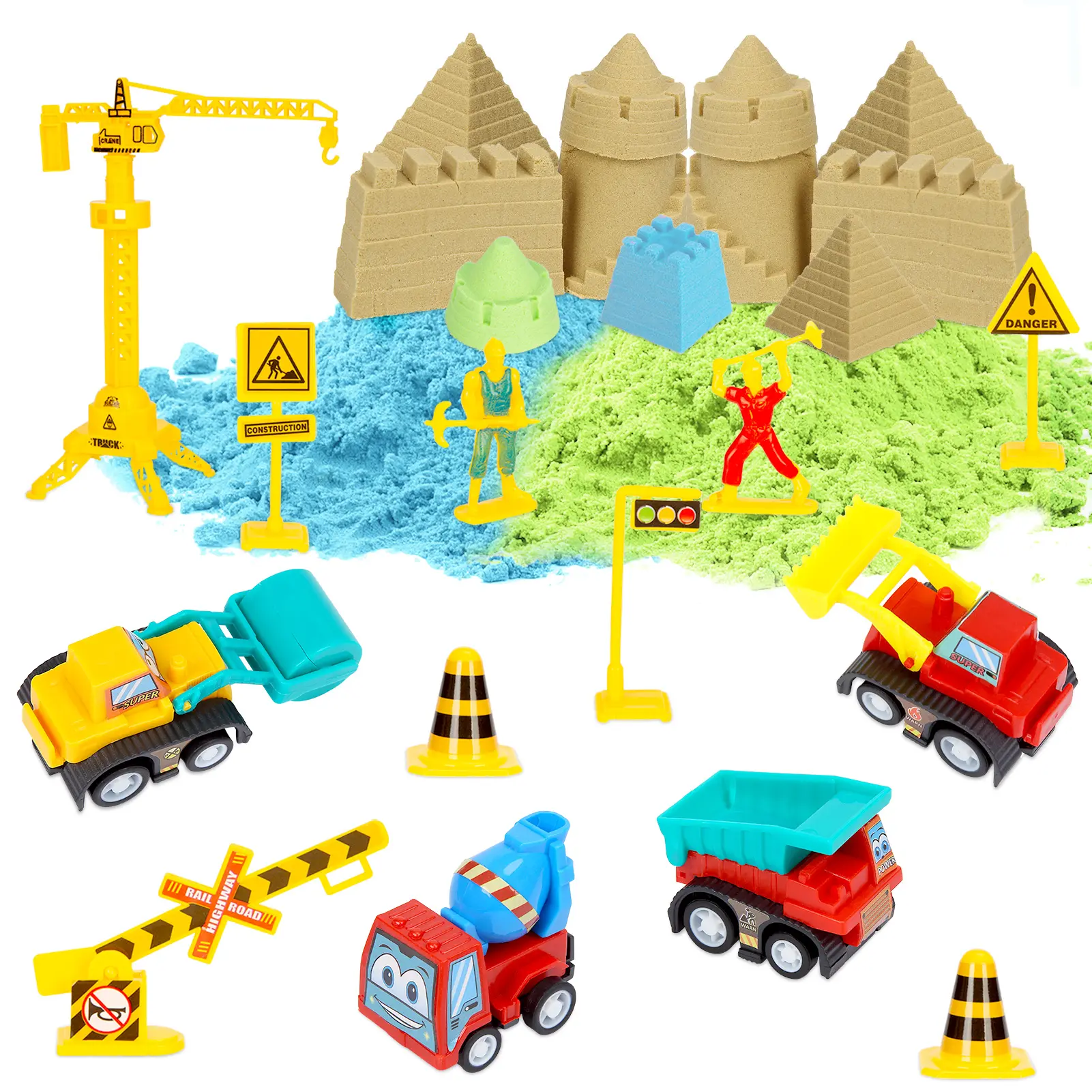 Sand Kit for Kids - 3lbs Sand, 6 Mini Construction Trucks, Toys, Signs, Castle Molds, Tools, Foldable Box and Storage Bin Tote - 43PCS Set for Boys Girls
