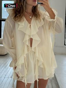 women's solid ruffle trim blouse & shorts two-piece set, casual long sleeve top & shorts for daily wear, ladies two-piece outfits for summer