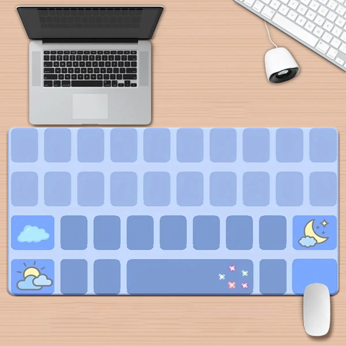 Cute light blue keyboard pattern mouse pad, cloud moon desktop mat, non-slip rubber keyboard mat desktop accessory