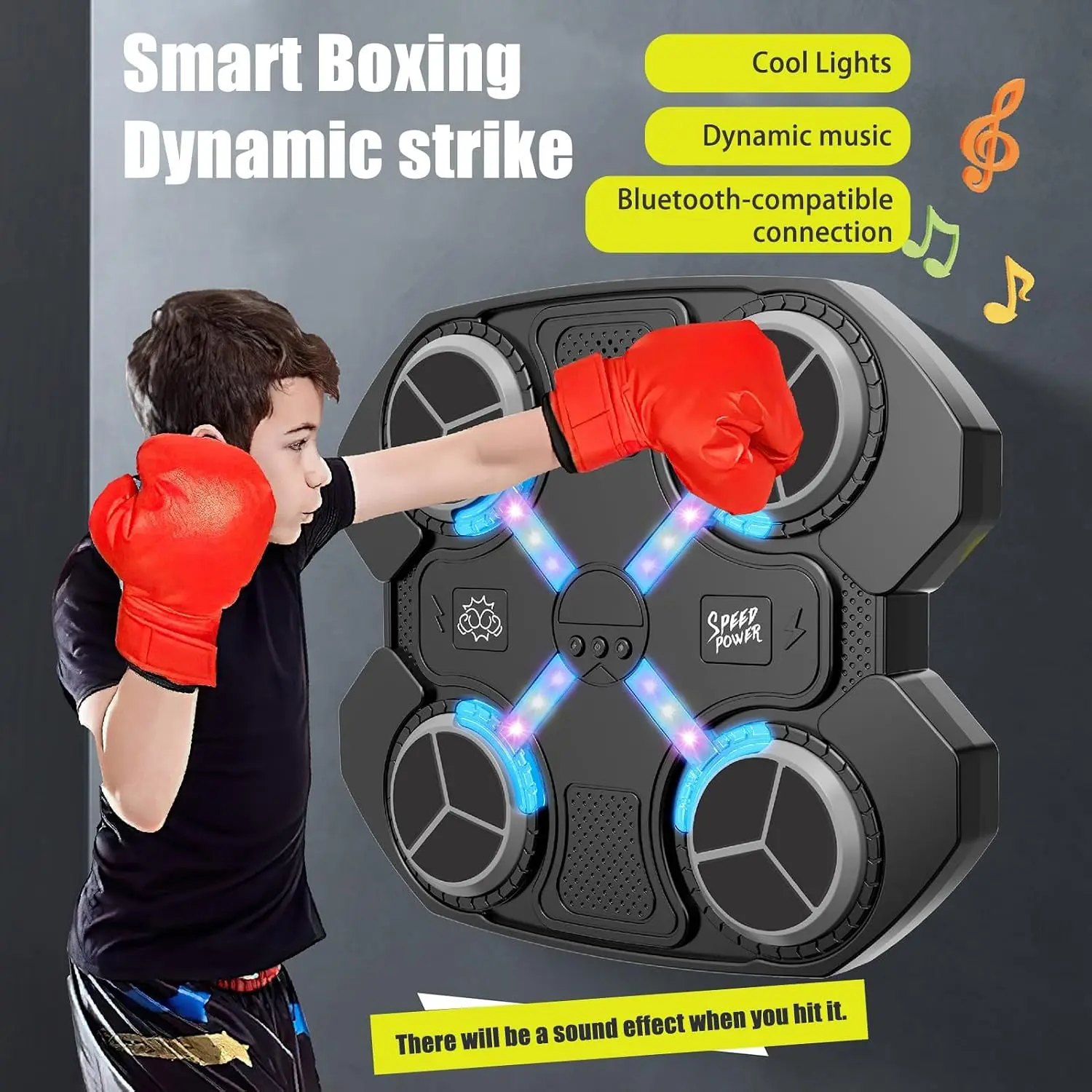 Bluetooth Music Boxing Machine - Wall-Mounted Electronic Smart LED Punching Pad with Gloves, Home Workout Equipment for Boxing Training Black