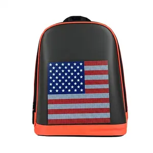 Vibrant Orange LED Knight Backpack: Smart, programmable Bluetooth display, DIY pixel art, and USB charging. A hard-shell, durable everyday travel bag designed for riding. A cool cyberpunk tech gift for male motorcyclists (power bank not included).