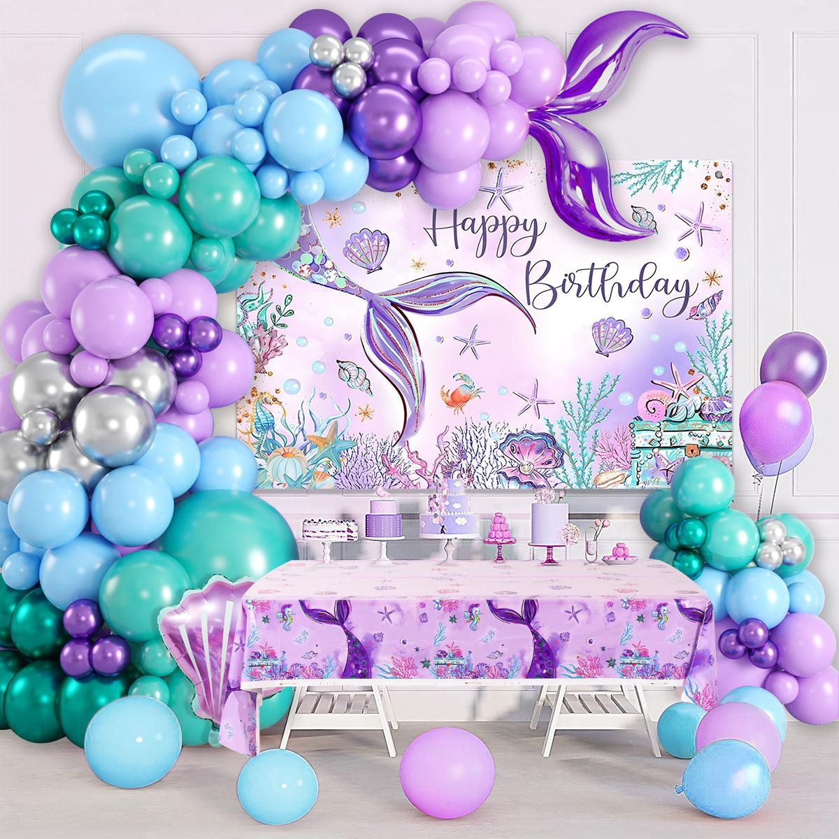 Mermaid Balloon Tablecloth Backdrop Set,109pcs Purple Shell Foil Balloon Mermaid Tail Birthday Decor ,Girls Mermaid Birthday Latex Balloon Decoration birthday party
