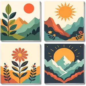 4 Pack Framed Paint by Numbers Kit for Kids & Adults Beginners, Easy Sunset Landscape with Canvas Paints Brushes, Acrylic Oil Painting Arts and Crafts for Wall Decor 8 x 8 Inch