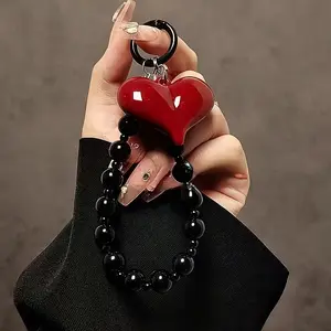 1Pc Red Heart Beaded Phone Strap Handmade Key Charm Holiday Gift