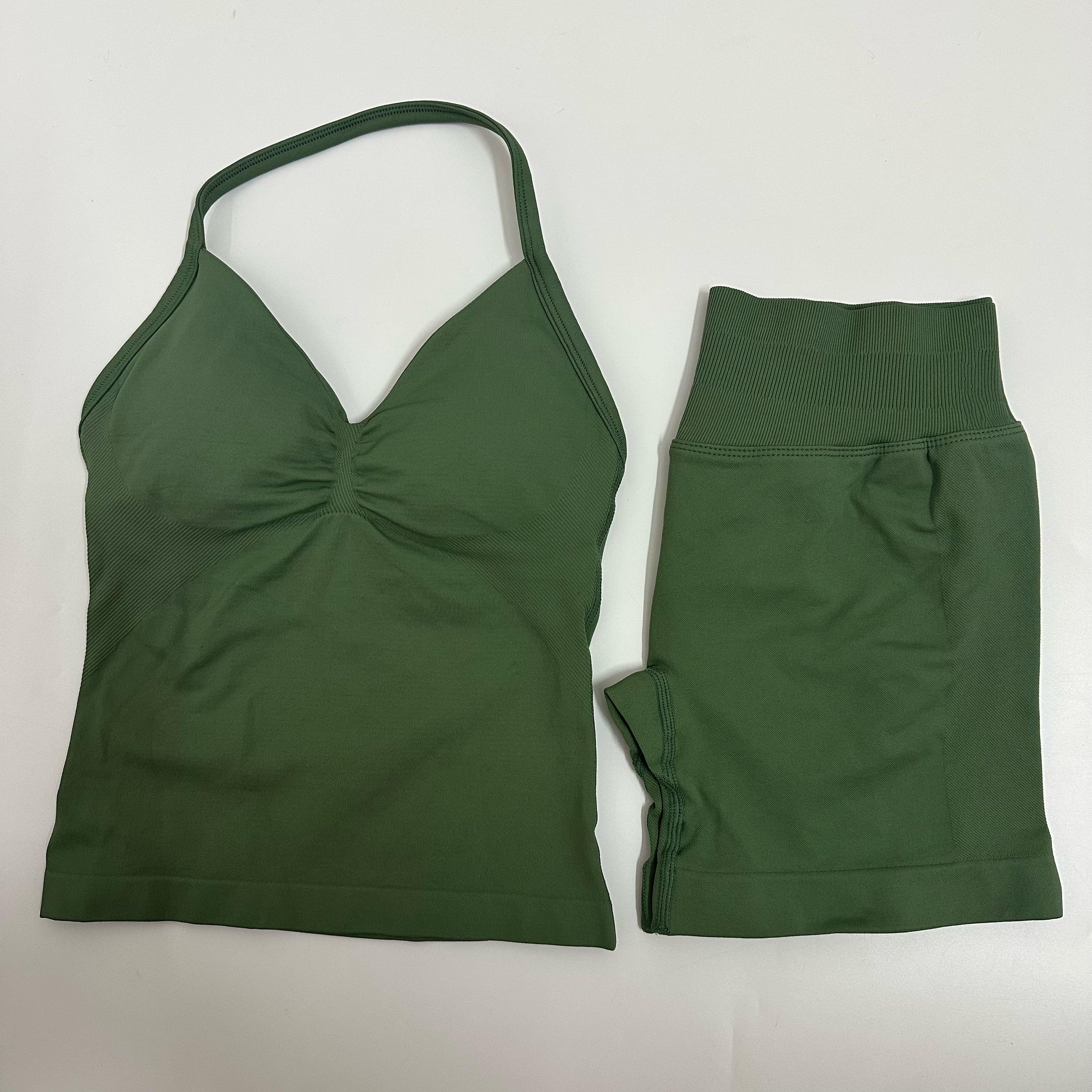 2 Pieces Women Yoga Set Seamless Yoga Longline Strappy Tank Top Scrunch Sports Shorts Gym Clothes Woman Summer Workout Outfit Athleisure Wear