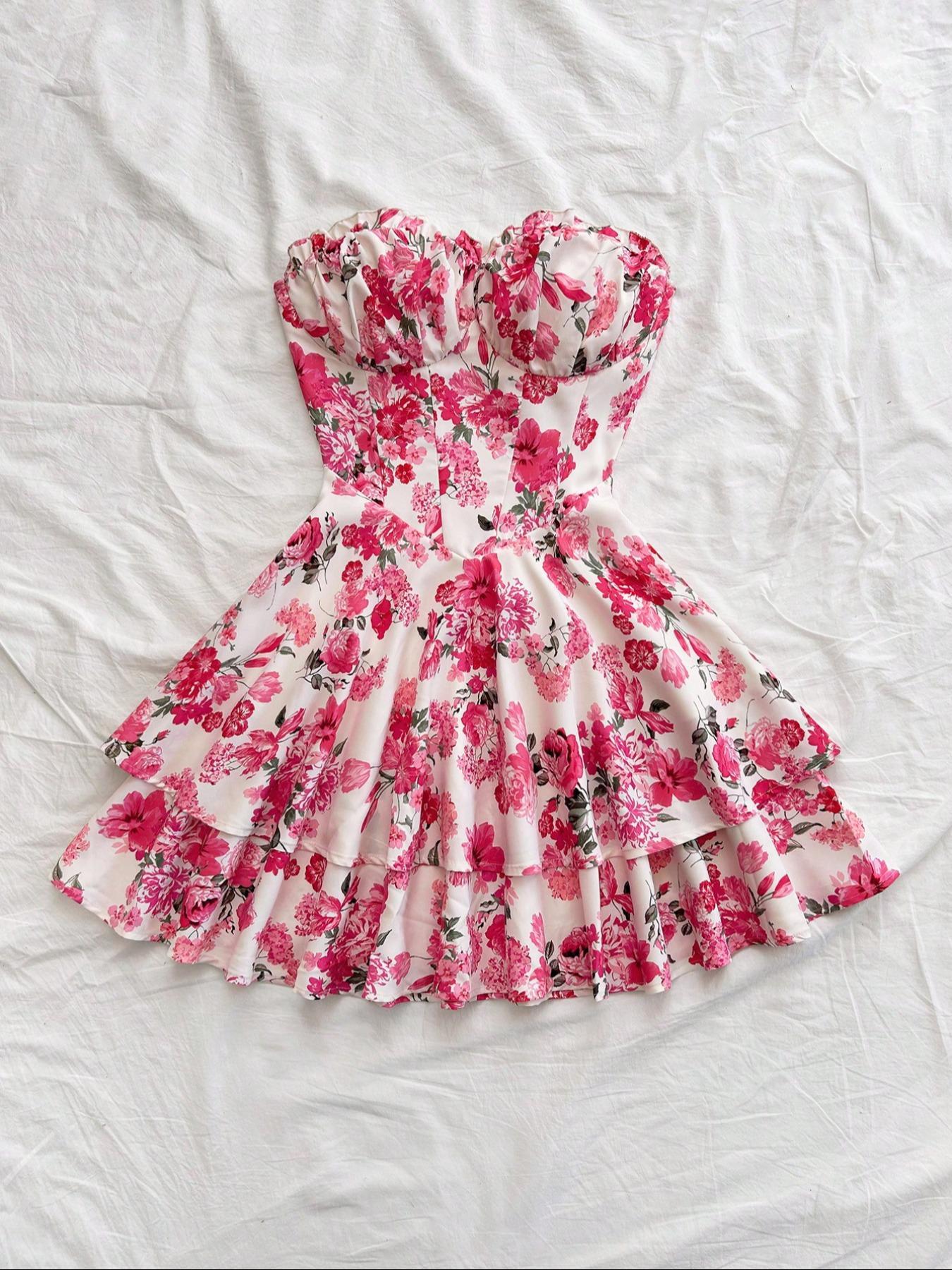 Women's Boho Floral Ruffle Floral Print Shirred Tiered Layer Dress, Boho A Line Dress for Beach Holiday Vacation, Ladies Summer Clothes