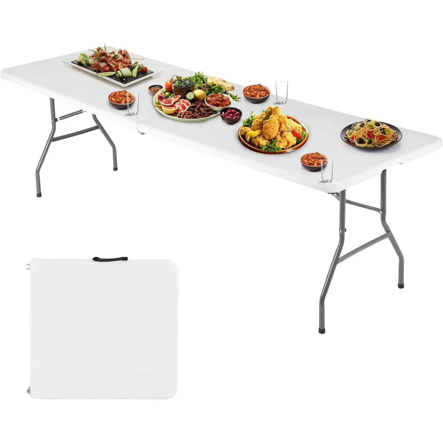 6FT Folding Table, Portable Fold-in-Half Plastic Picnic Party Table with Carrying Handle (White