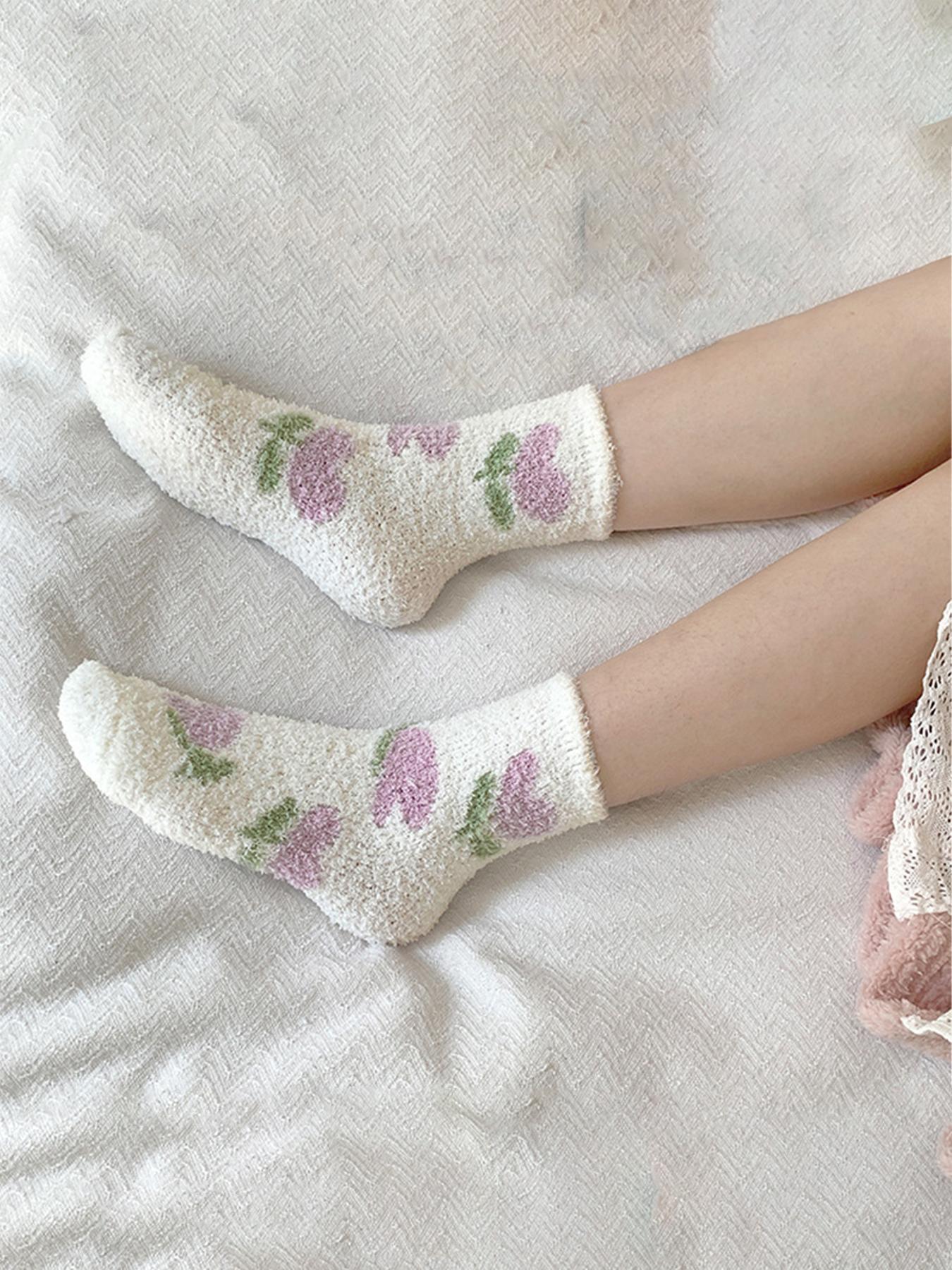 Women's Fruit Print Coral Fleece Crew Socks, Casual Soft Comfy Cute Thermal Socks for Fall & Winter, Women's Socks for Daily Wear