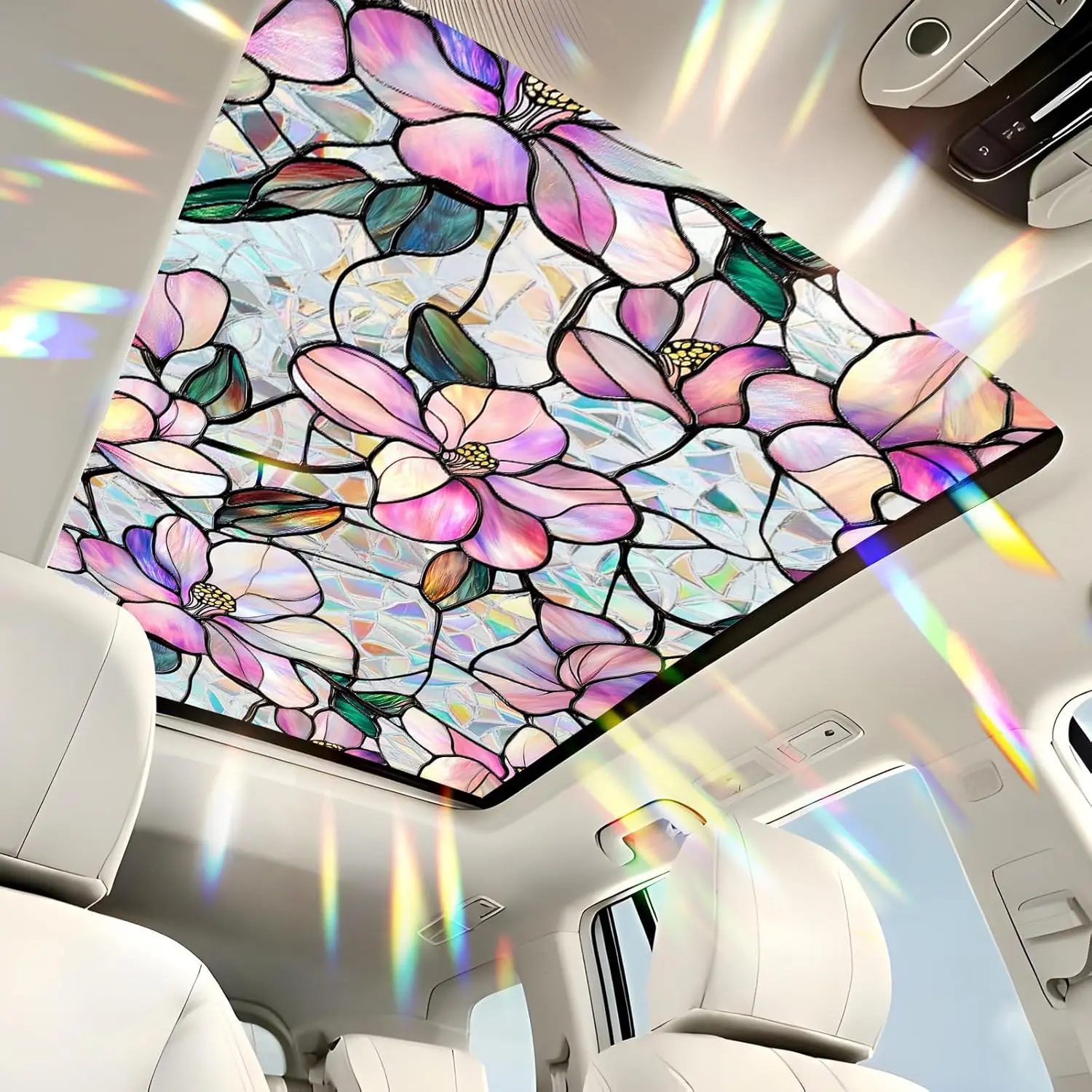 Decorative Pink Magnolia Flower Rainbow Stained Glass Privacy Cling Decal, 17in x 39.4in Sun Protection Car Sunroof Window Film (Home Supplies Accessory)
