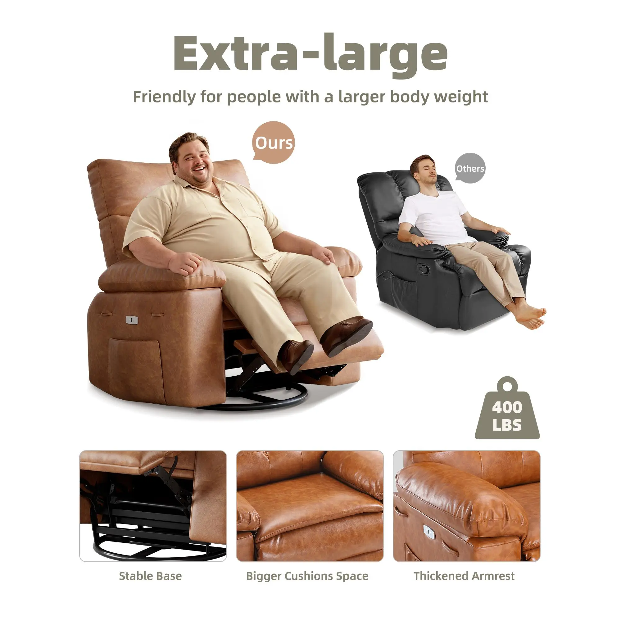 Oversized 27" Leather Recliner Chair – Heat & Massage, 360° Swivel Rocker, Manual Reclining, Remote Control, Comfortable Arms & Back, Ideal for Dining Room, Living Room, Bedroom, Nursery, Elderly