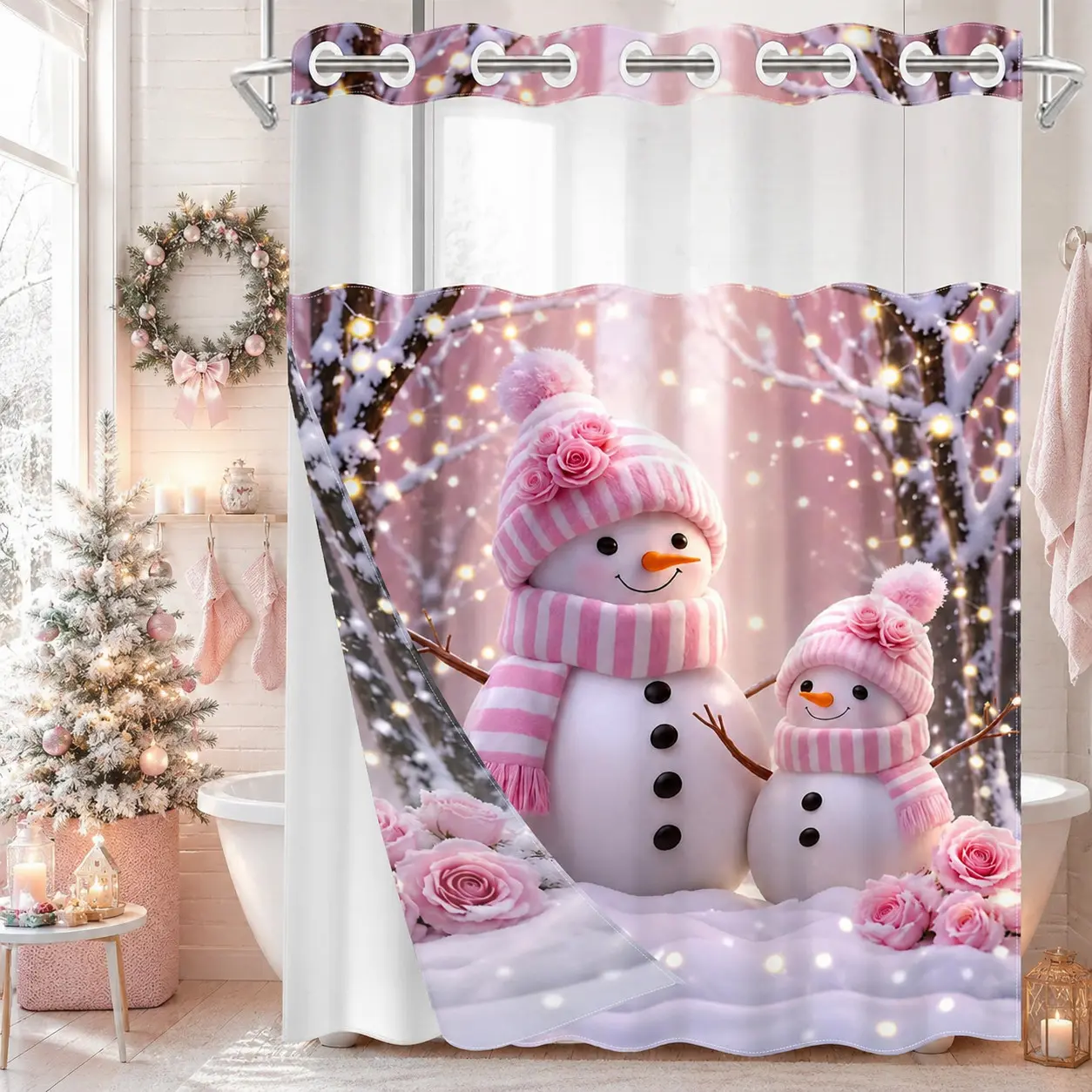 No Hooks Pink Snowman Rose Winter Forest Shower Curtain with Snap-In Liner, Double-Layer Waterproof Fabric, Sheer Mesh Top, Removable White Liner, Cute Christmas Bathroom Decor, Hotel, Dormitory and Bathroom Accessories, 72x75in