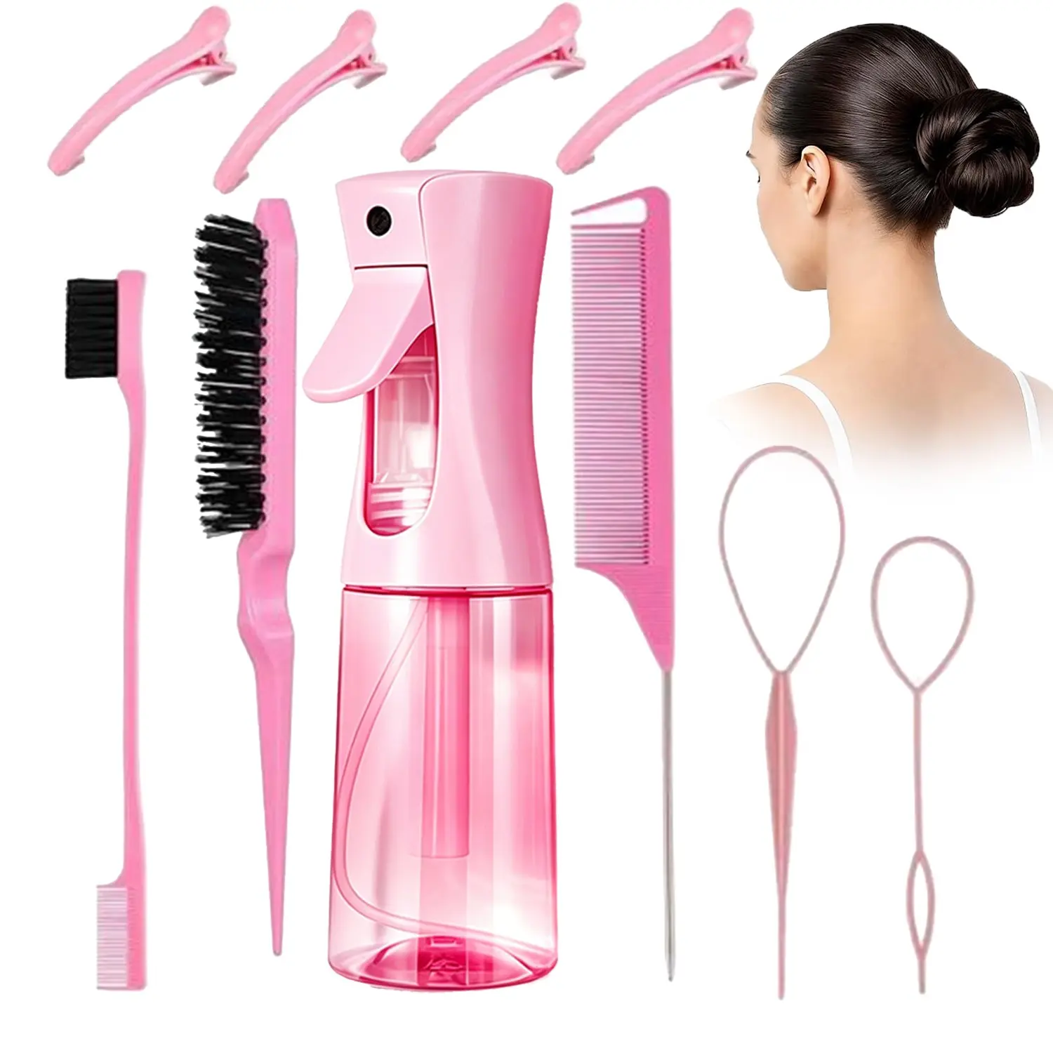 Sleek Hair Styling Kit with Fine Mist Spray Bottle, Edge Brush, Rat Tail Comb, Detangling Brush & Hair Clips, Complete Hair Tool Set for Smooth Edges, Clean Parting, Braids, Curls, Ponytails, Bun Styles and Everyday Hair Routine, Easy Hair Touch Up Access