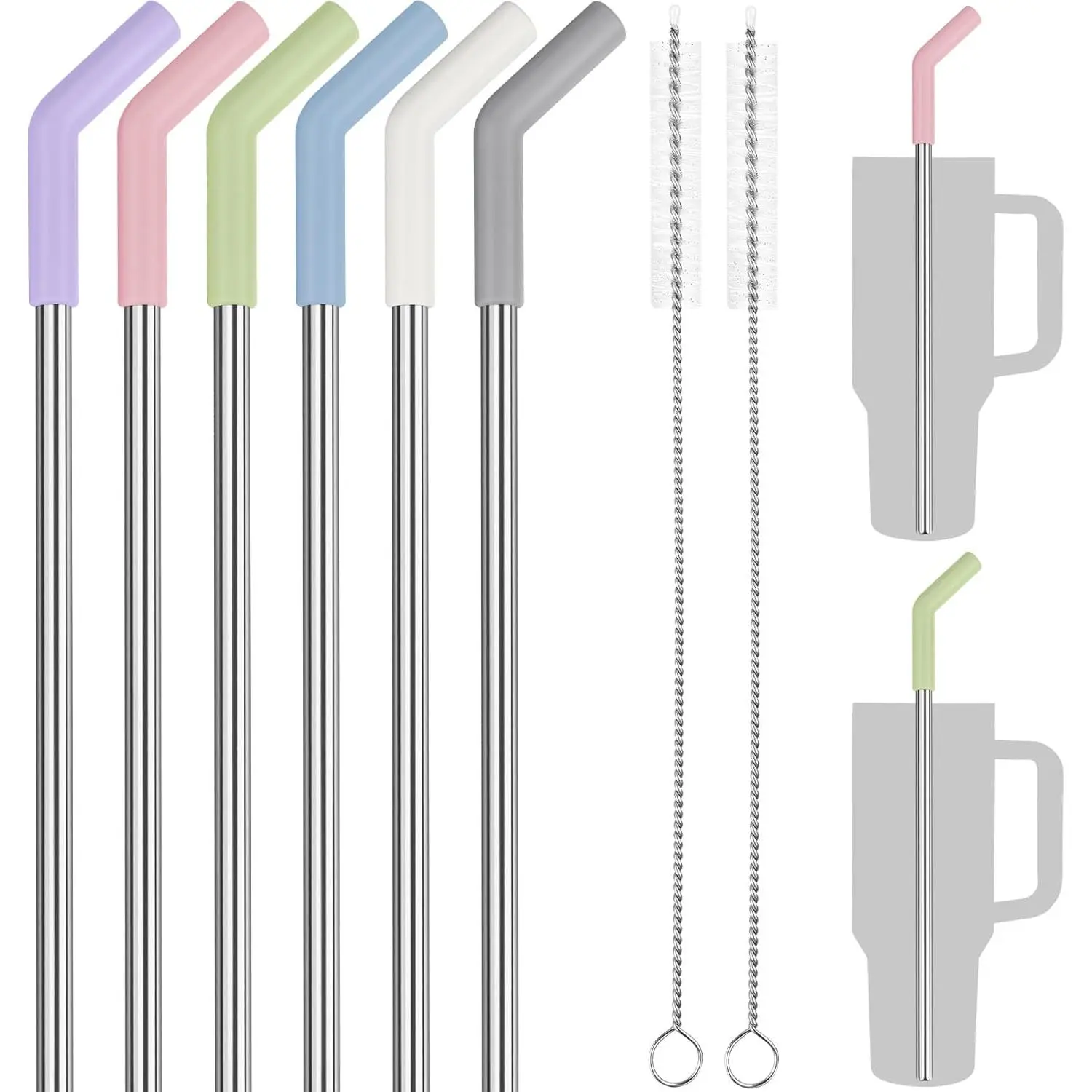 40oz Straws, 13 Inch Stainless Steel Straw with Silicone Extender Tip  Stanley Adventure Quencher Tumbler 6-Pack with 2 Brushes, 0.35" Diameter Straws Food Grade BPA-Free Colorful Set