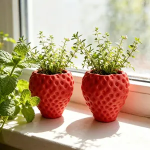 2pcs Mini Strawberry Flower Pots with Tools Realistic Texture 3D Fruit Pattern Plastic Flower Pots Fresh Pastoral Style Red|Pink|White Suitable for Desktop Succulents Plants Decoration Garden Lover Gift Random Color