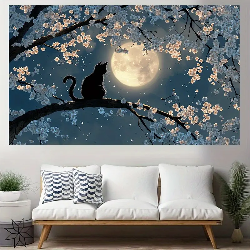 Black Cat Cherry Blossom Full Moon Polyester Tapestry - Romantic Night Scene with Cat Silhouette on Branch, Synthetic Light Weight Durable Hangable Wall Hanging for Living Room, Bedroom Decor, Gift