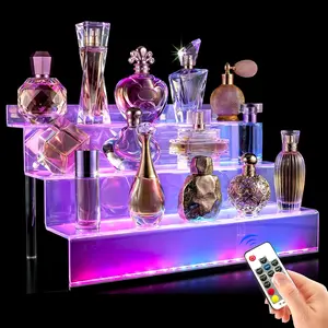 12 IN Clear 3 Tier Acrylic Display Riser Shelf with LED Light, Display Shelf Holder Organizer for Perfume Cologne Pops Toys Figures Cupcake Dessert Decoration