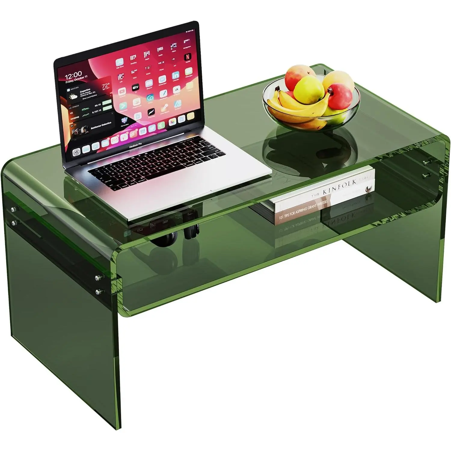 【SummerFinds】Solaround Green Acrylic Rectangular Coffee Table - 31.5x15.8x15.8in Retro Lucite Piece with Storage Shelves, Mid-Century Modern Living Room Indoor Furniture, Contemporary Home Decor
